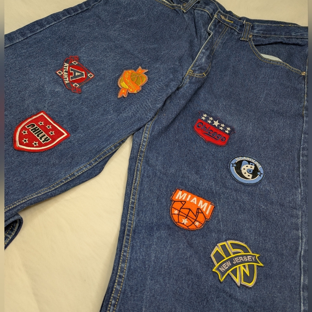 Y2K Unc Baggy Wide Leg NBA Patchwork Jeans - Picture 4 of 14